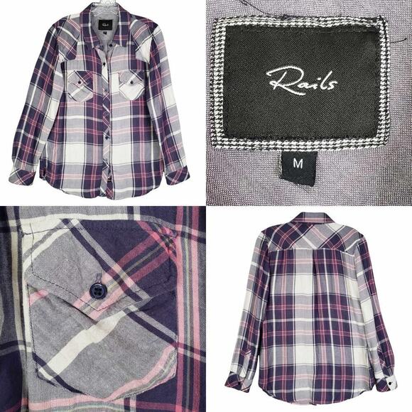 Rails Flannel Button-Up Shirt Womens Size M Purple White and Pink Plaid Collared - Picture 1 of 11